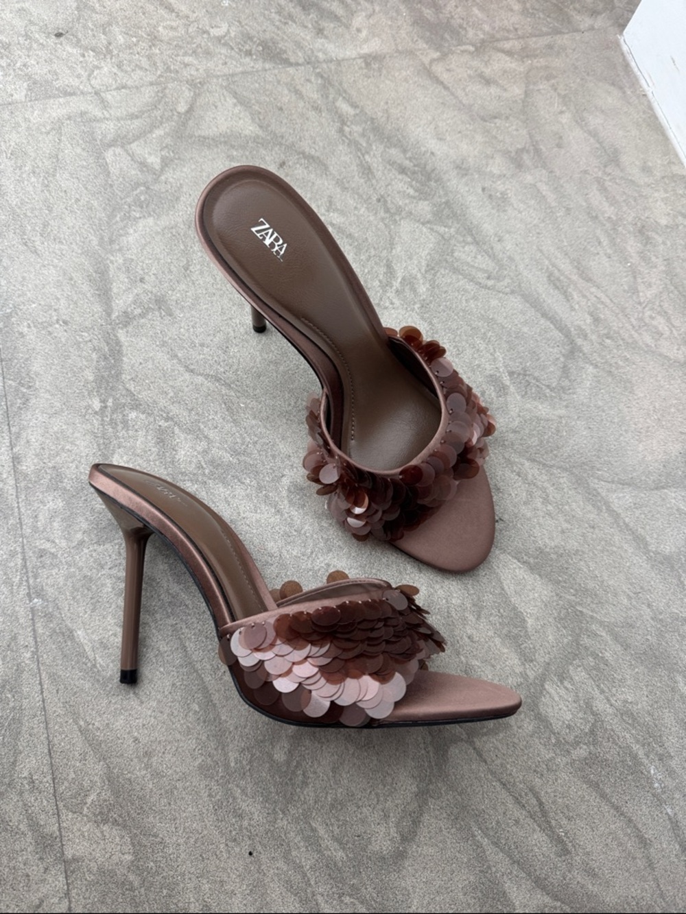 NWOT ZARA Brown Sequin Stiletto Slide Heels